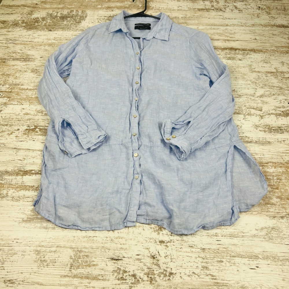 Tahari Essentials Womens L 100% Linen Light Blue Long Sleeve Button Down Tunic